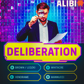 Game show host with magnifying glass