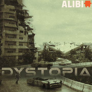 Destroyed cityscape in a sepia tone