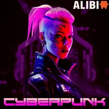 Female cyborg figure standing in a purple/pink light