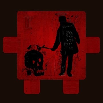 Black silhouette figure with skull graphic on a red background