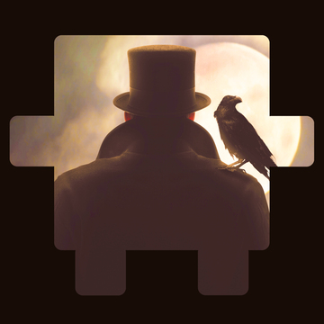 The back of a man with a crow on the shoulder