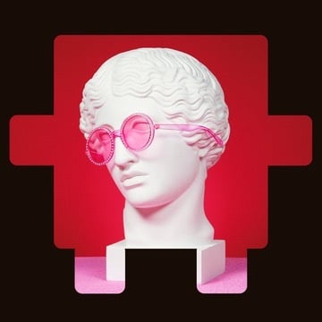 Classical statue bust wearing pink sunglasses on a red background