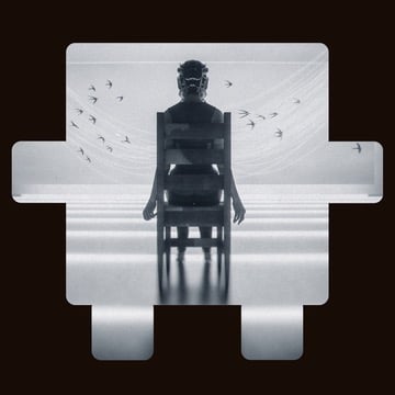Person sitting on a chair in a surreal monochrome scene