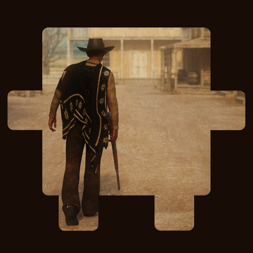 A cowboy on a dusty ground with buildings